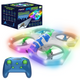White drone, blue remote control, green and blue propellers