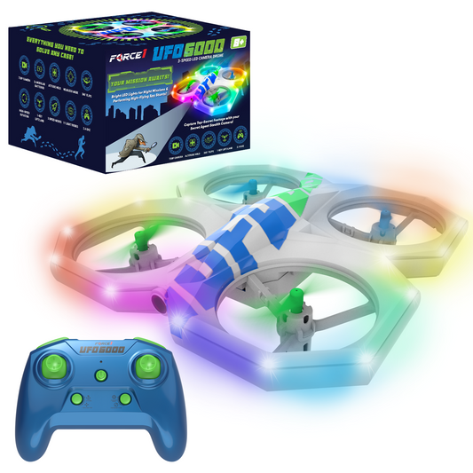 White drone, blue remote control, green and blue propellers-