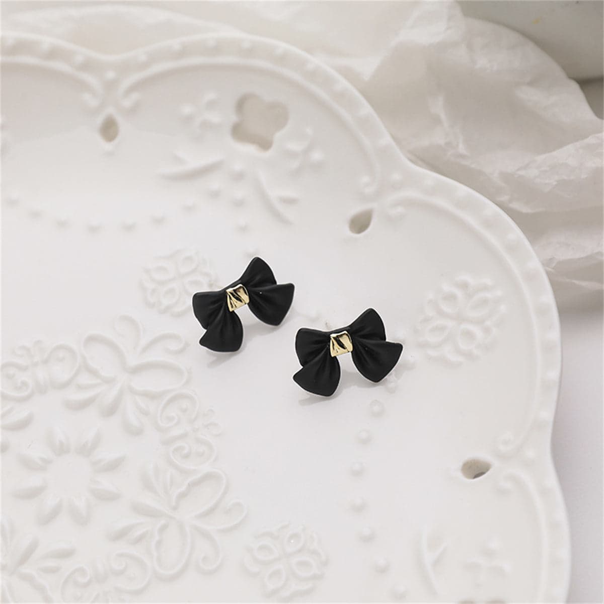 Black Enamel & Goldtone Bow Stud Earrings