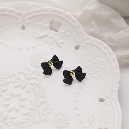 Black Enamel & Goldtone Bow Stud Earrings