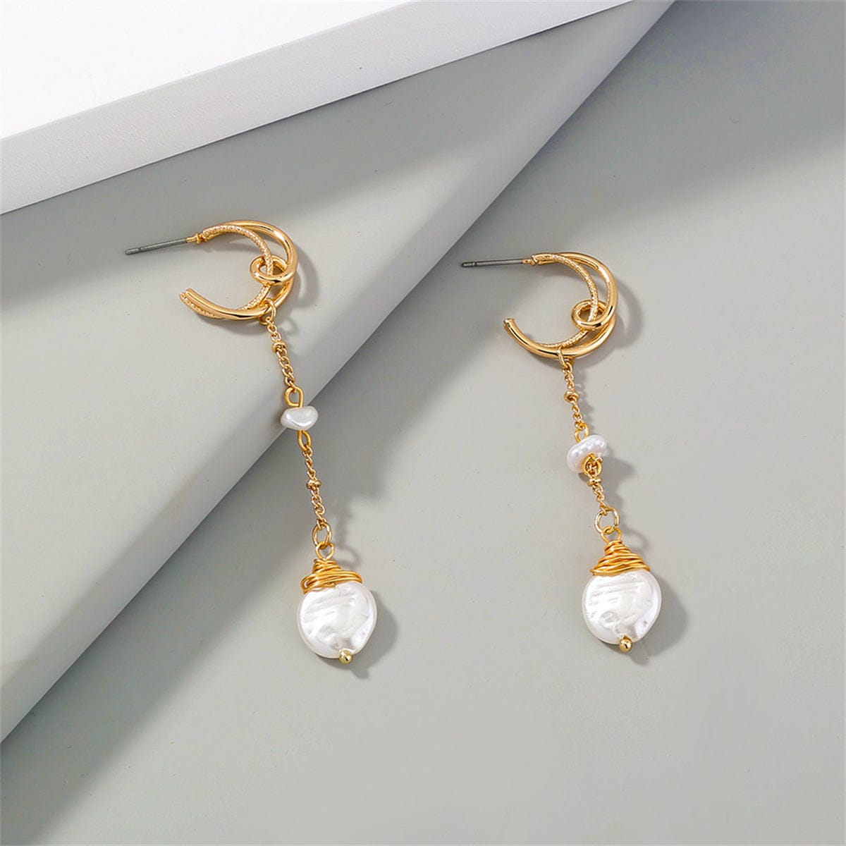 Pearl & Goldtone Crescent Linked Drop Earrings