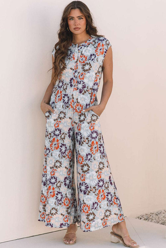 Threaded Pear Kylee Floral Sleeveless Buttoned Wide Leg Jumpsuit