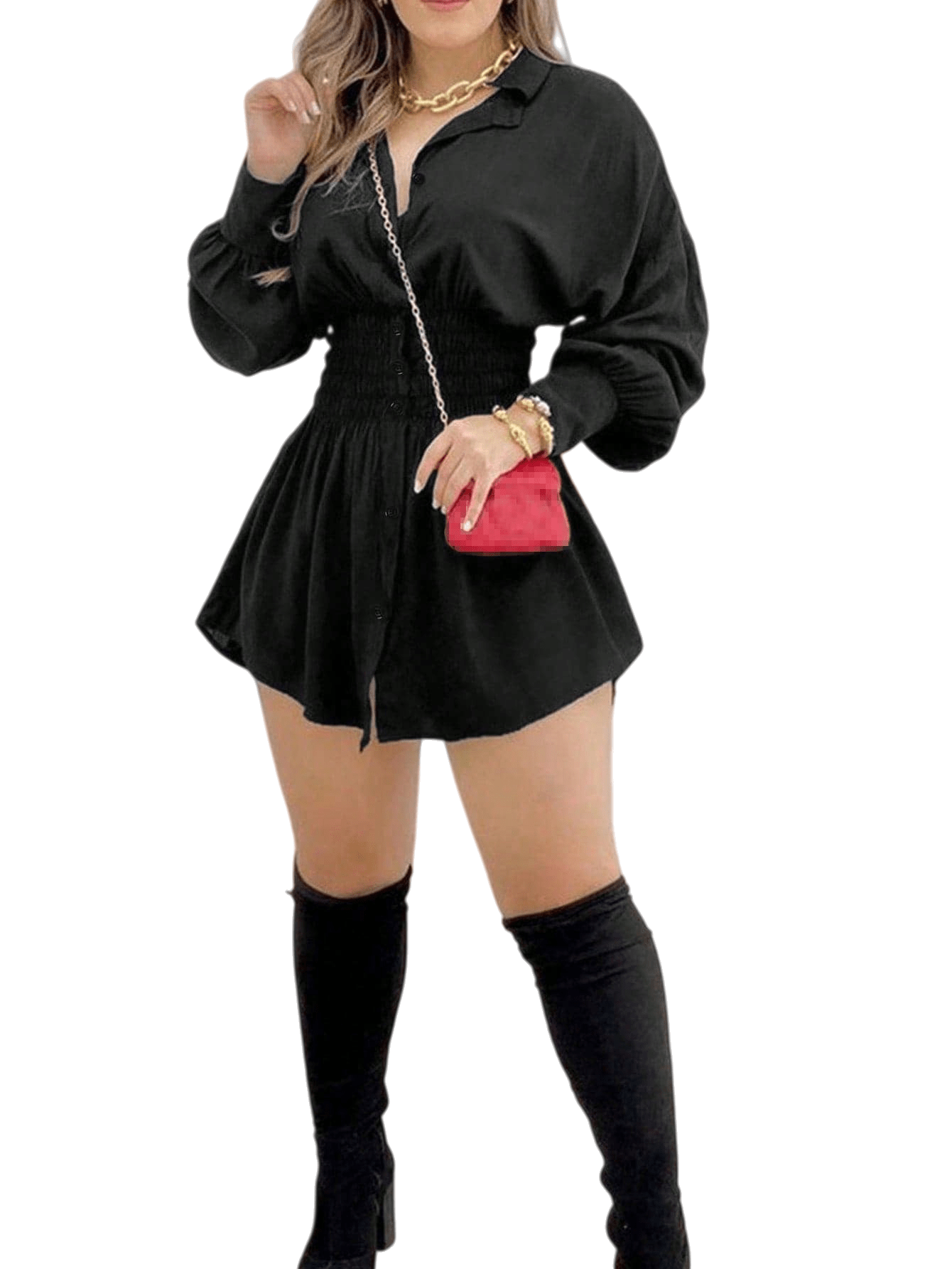 Chic YC Women's Smocked Waist Shirtdress Long Sleeve A-Line Mini Dress Spring Summer Trendy Casual Party Dress BlackGeometricFigure / XL