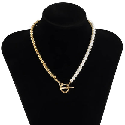 Pearl & Goldtone Half Bead Chain Toggle Necklace