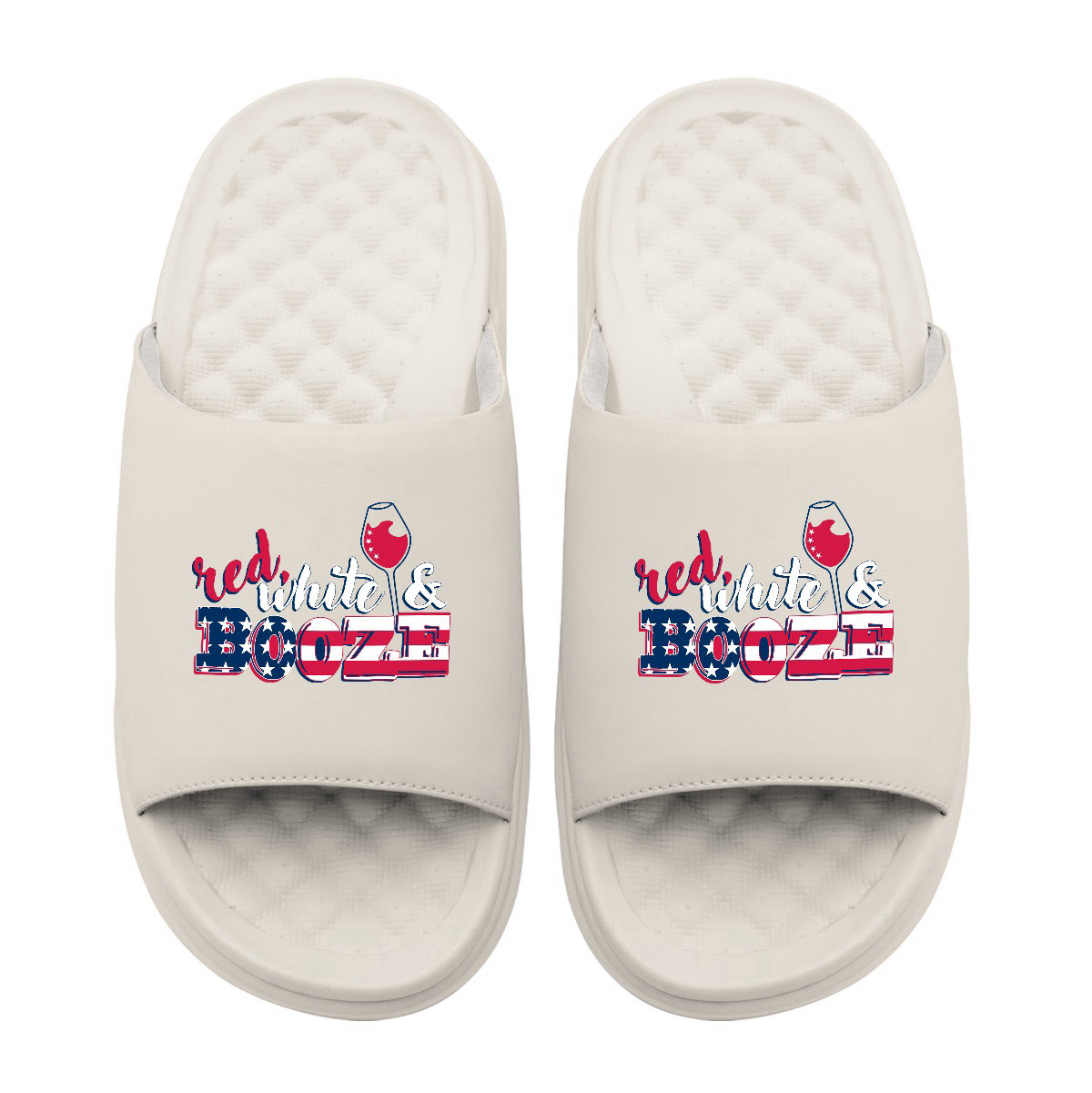 Red White and Booze Motive Slide Sandals
