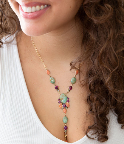 Regalia Blue Turquoise Purple and Orange Coral Golden Y Necklace