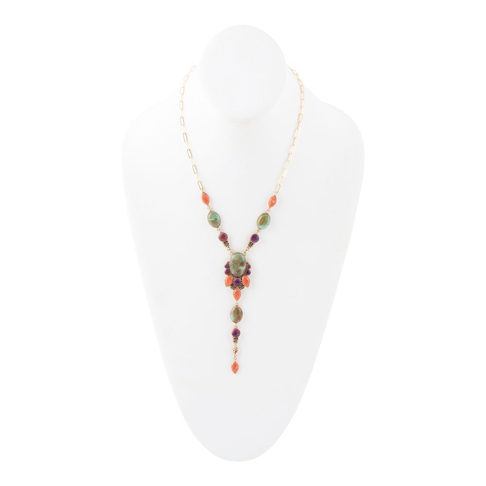 Regalia Blue Turquoise Purple and Orange Coral Golden Y Necklace