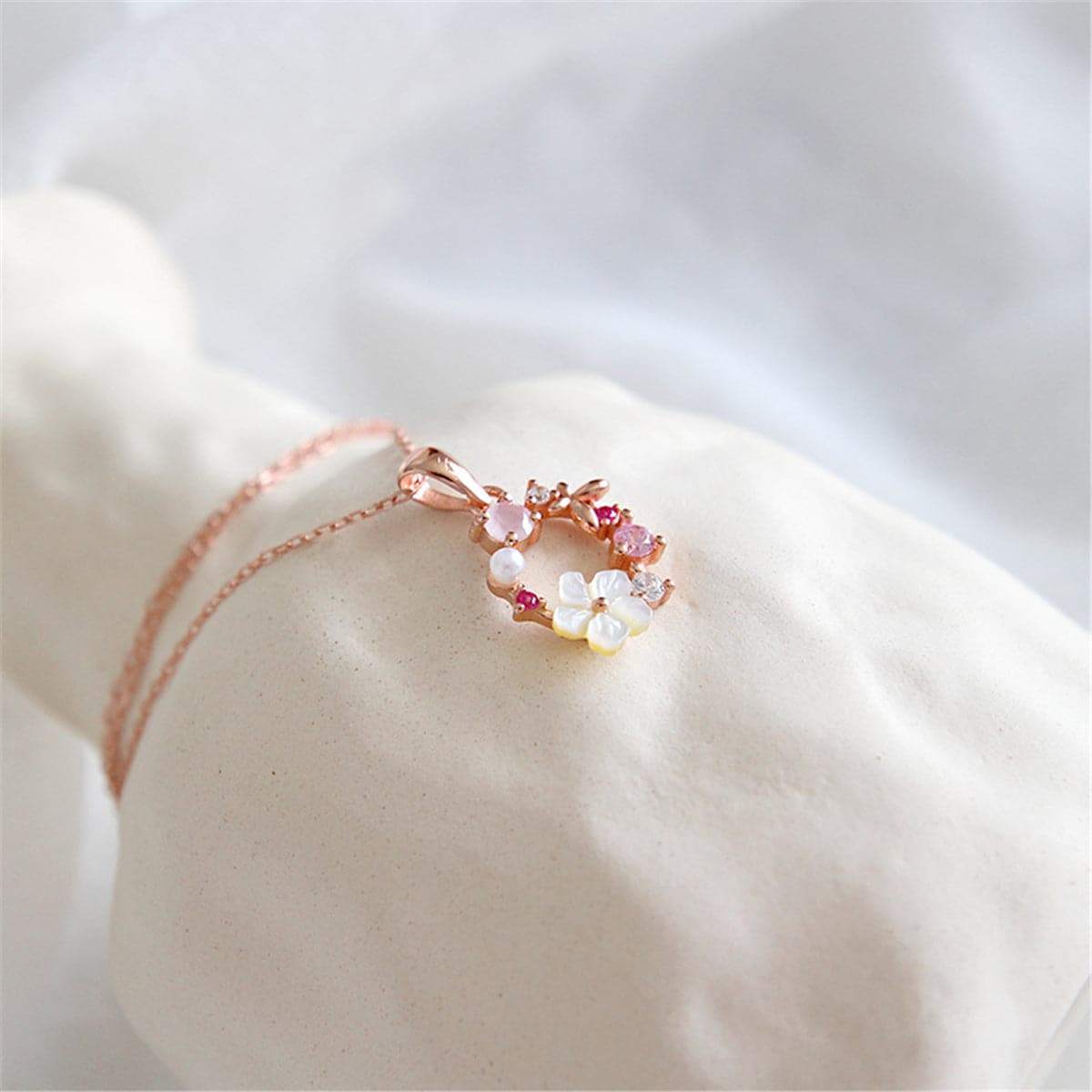Cubic Zirconia & Pearl Rose Goldtone Flower Pendant Necklace