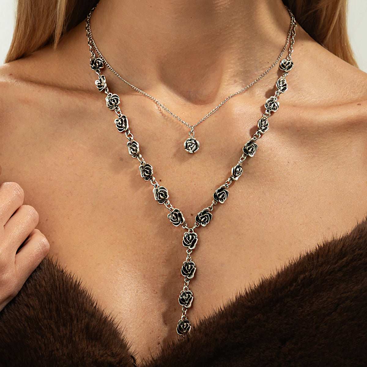 Black Enamel & Silvertone Rose Station Drop Necklace Set