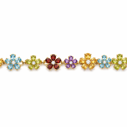 20.9 Ct Rainbow Multi-Gemstone Prong Yellow Gold Plated Silver Floral Cluster Inline Box Clasp Tennis Bracelet
