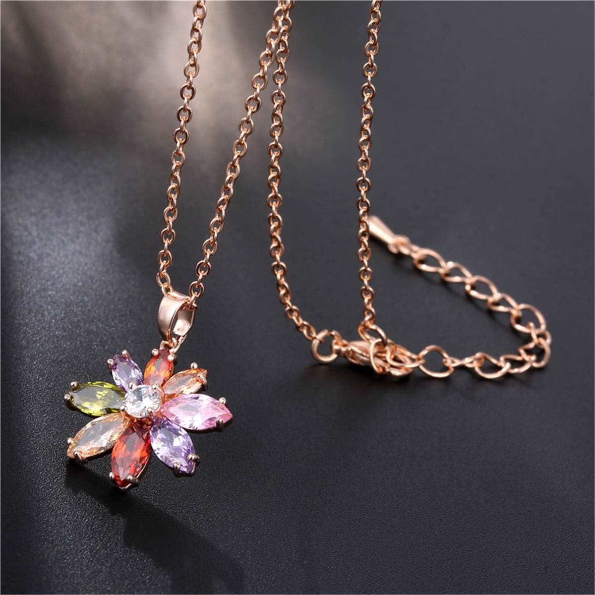 Red Crystal & Cubic Zirconia Flower Pendant Necklace