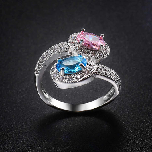 Pink & Blue Crystal Oval-Cut Bypass Ring