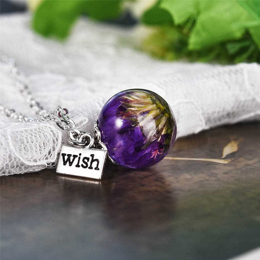 Purple Forget-Me-Not & Silvertone 'Wish' Pendant Necklace