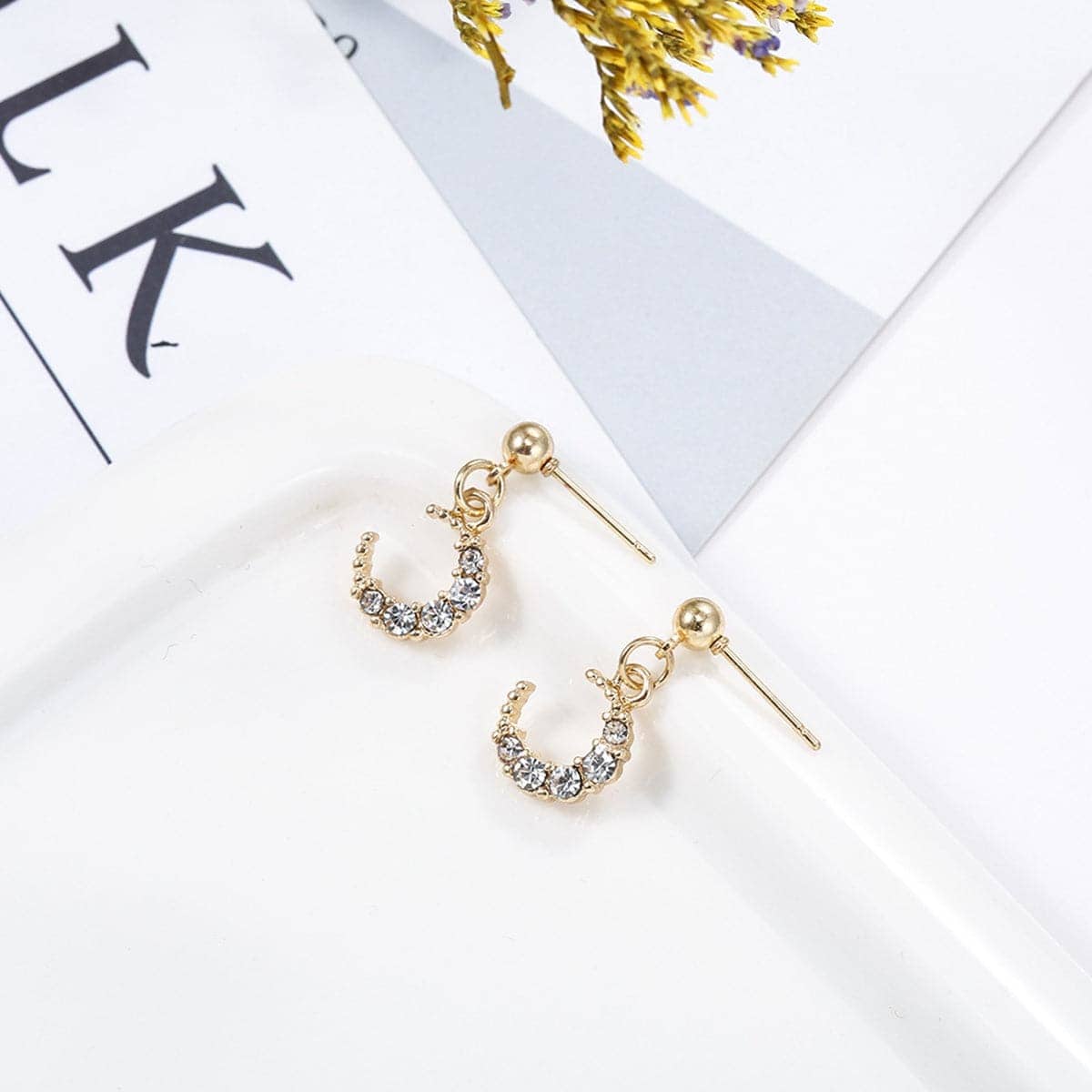 Cubic Zirconia & Goldtone Crescent Moon Drop Earrings