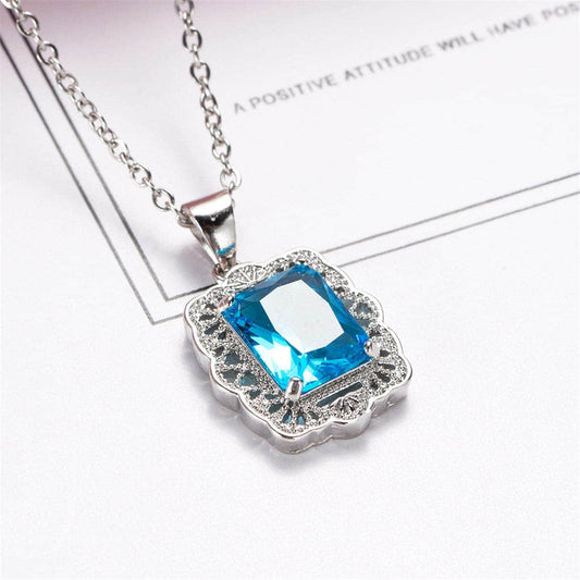 Sea Blue Crystal & Silvertone Filigree Princess-Cut Pendant Necklace