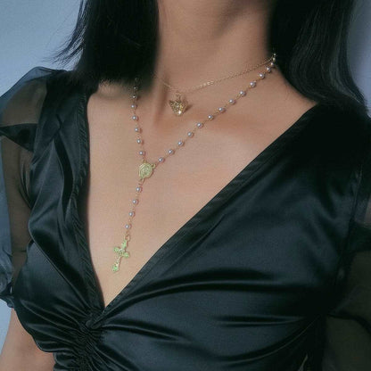 Pearl & Goldtone Cross Layered Station Pendant Necklace