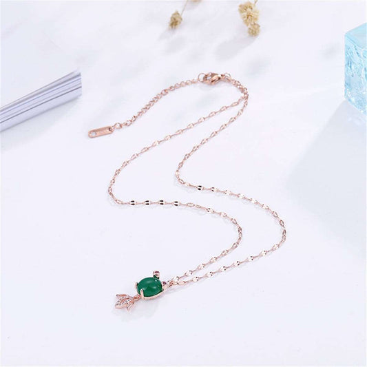 Green Agate & Rose Goldtone Fish Pendant Necklace