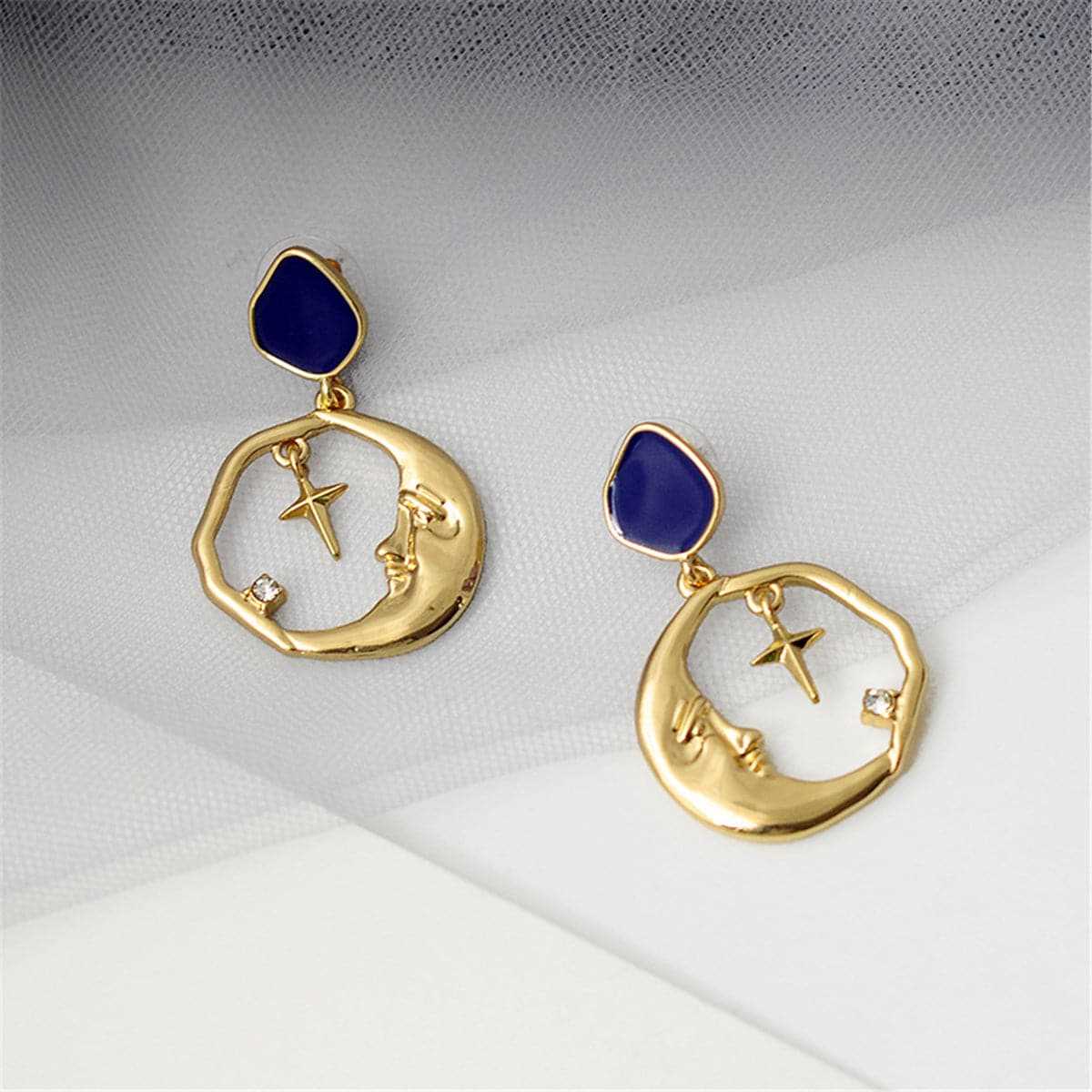 Cubic Zirconia & Goldtone Crescent Moon & Cross Hoop Earrings