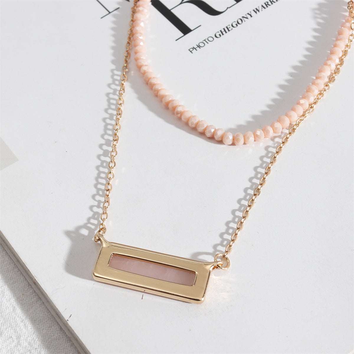 Pink Crystal & Goldtone Bead Chain Layered Necklace