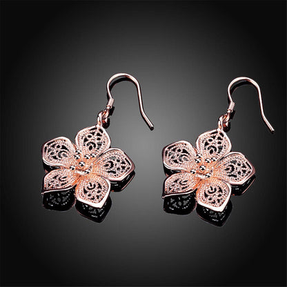 Rose Goldtone Filigree Flower Drop Earrings