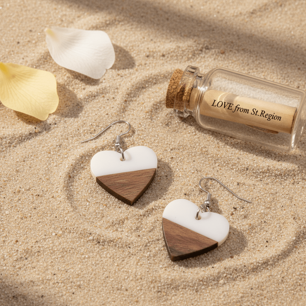 White Resin & Wood Silvertone Heart Hook Earrings
