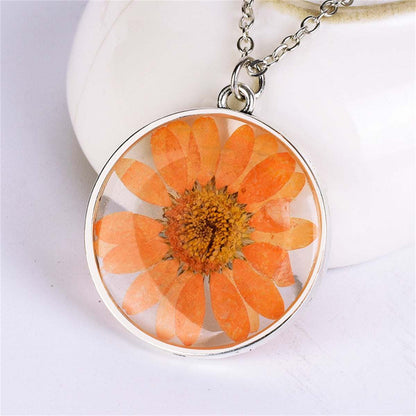 Orange Pressed Mum & Silvertone Round Pendant Necklace