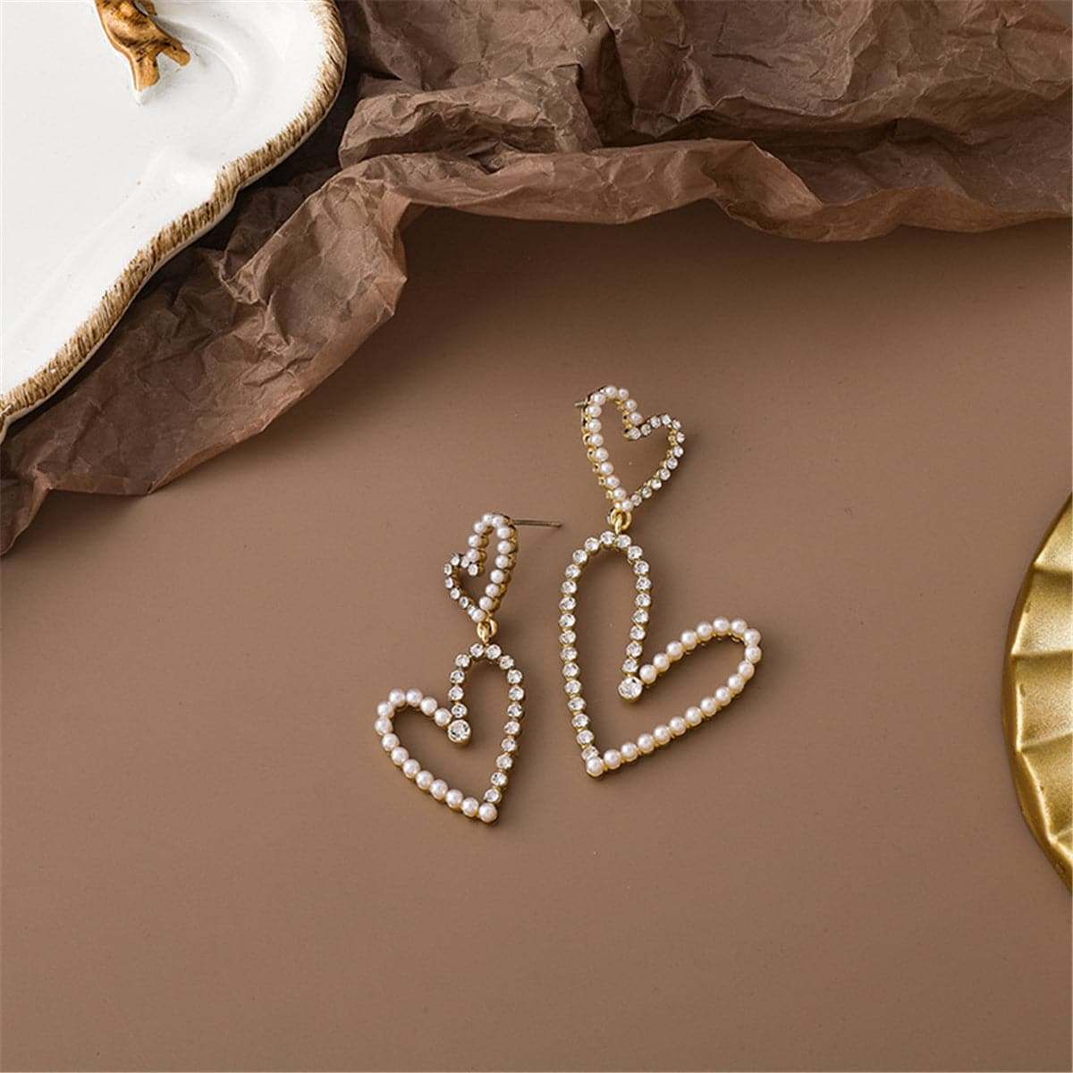 Pearl & Cubic Zirconia Goldtone Mismatched Heart Drop Earrings
