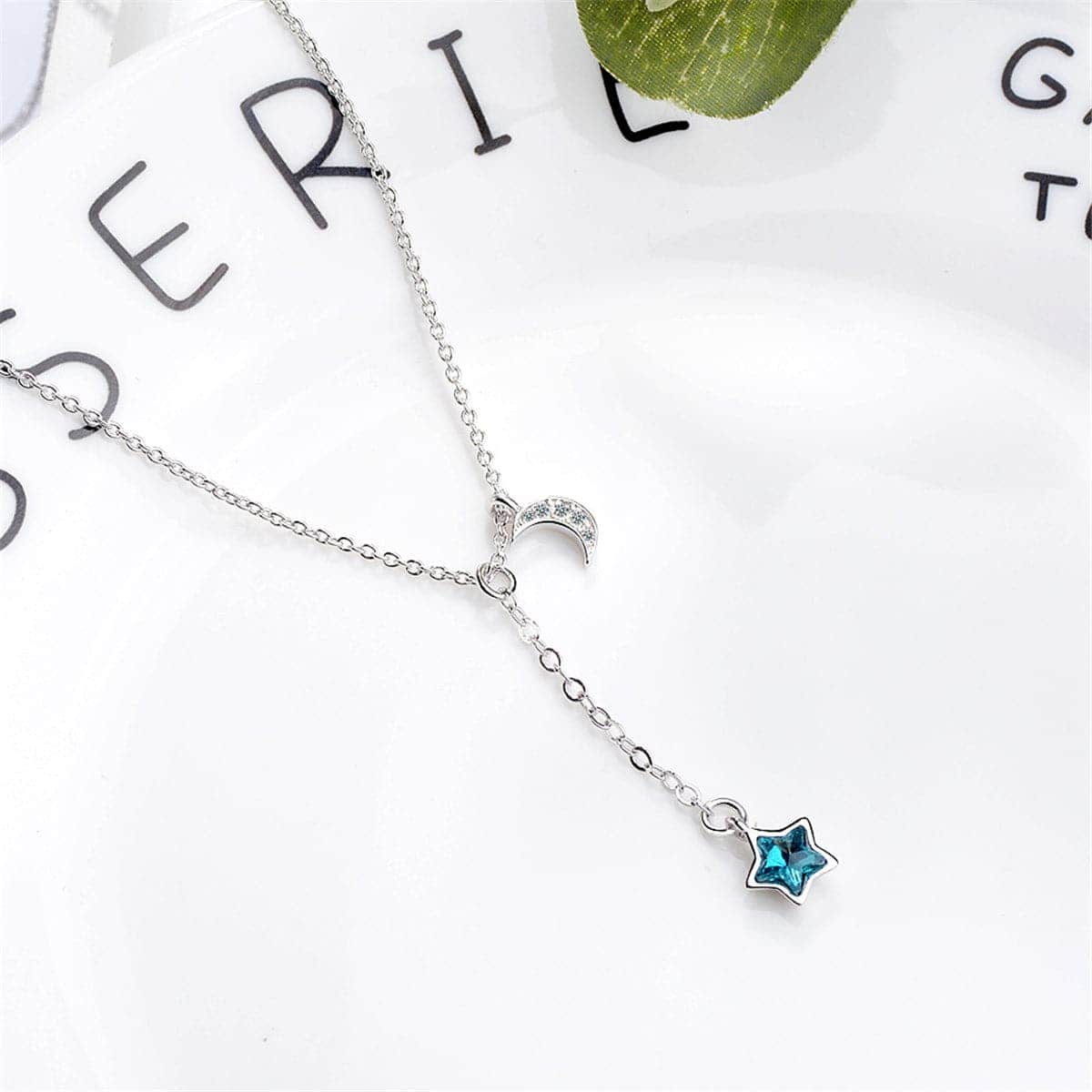 Blue Crystal & Cubic Zirconia Moon Pendant Necklace