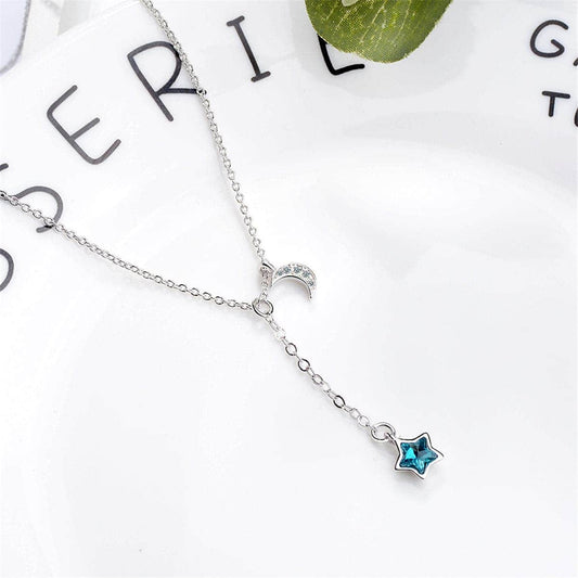 Blue Crystal & Cubic Zirconia Moon Pendant Necklace