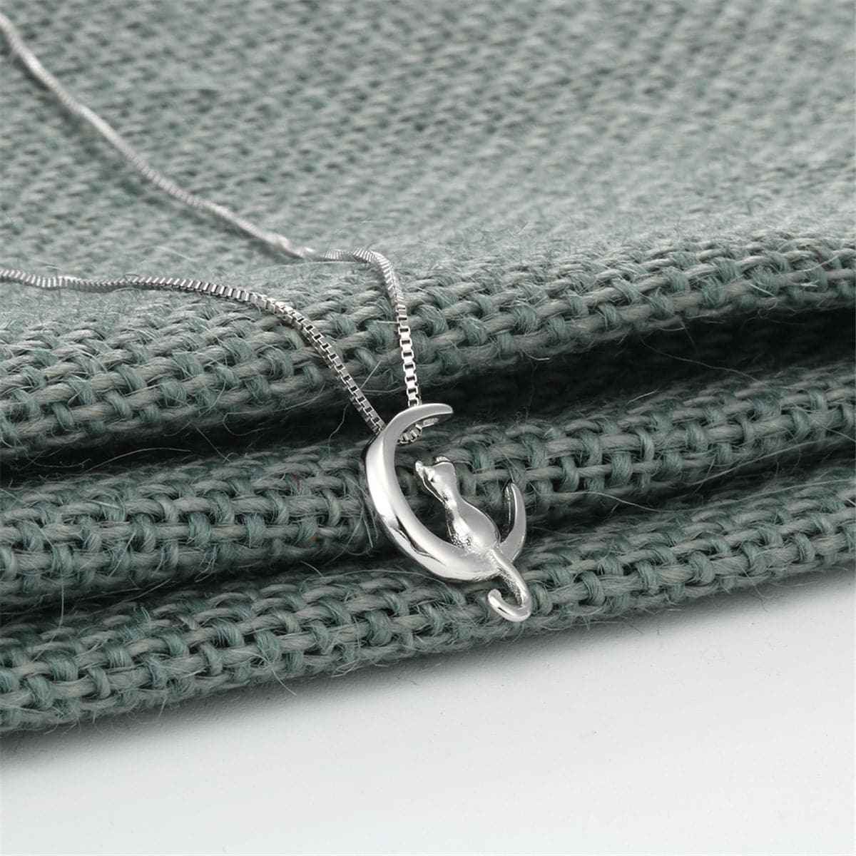 Sterling Silver Moon & Cat Pendant Necklace
