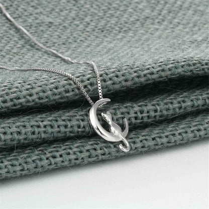 Sterling Silver Moon & Cat Pendant Necklace