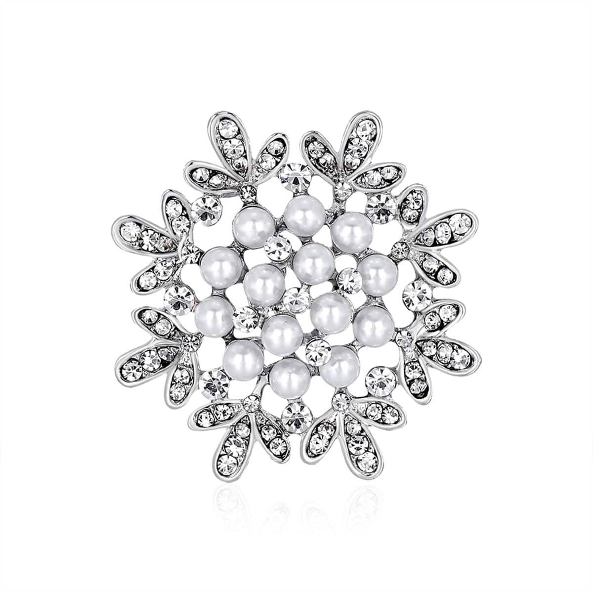 Clear Cubic Zirconia & Pearl Silvertone Flower Brooch
