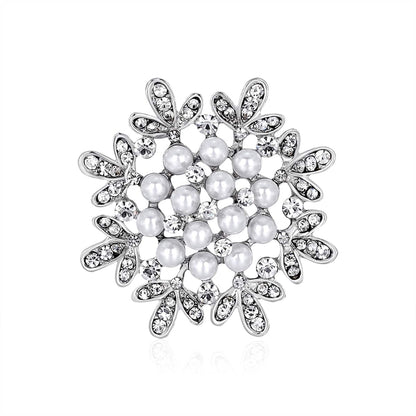 Clear Cubic Zirconia & Pearl Silvertone Flower Brooch