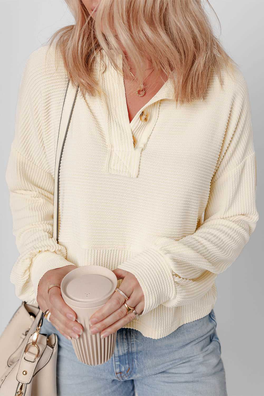 Evelyn Lantern Sleeve Henley Sweatsuit - Apricot / M - 8/10