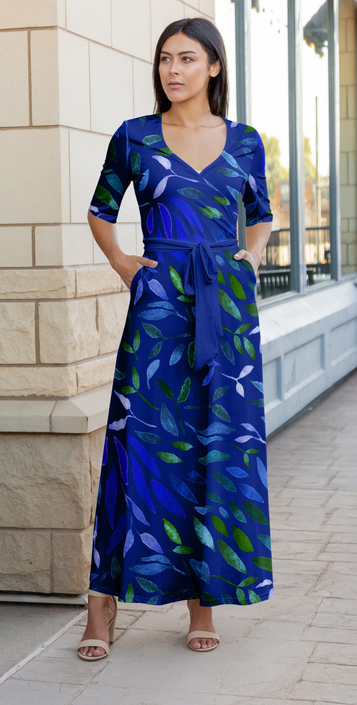 blue leaf dress Lily by Firmiana Women's ¾ Sleeve Wrap-Style Maxi with Tie & Green Pattern Ladies dresses