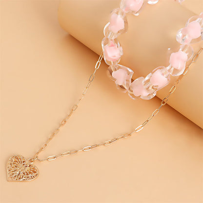 Pink Resin & Goldtone Heart Chain Pendant Necklace Set
