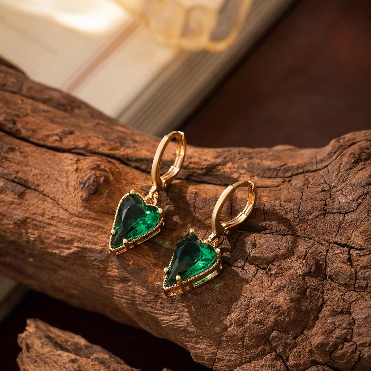 Emerald Crystal & Goldtone Heart Huggie Earrings