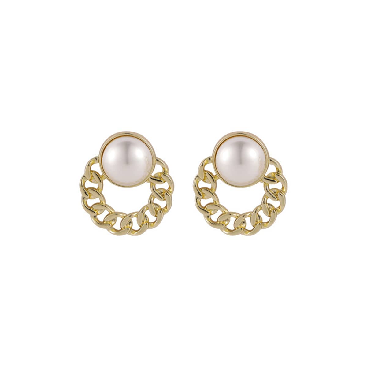 Pearl & Goldtone Curb Round Stud Earrings