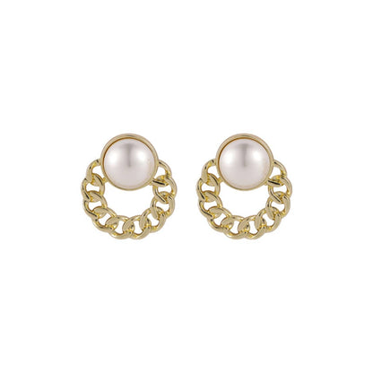 Pearl & Goldtone Curb Round Stud Earrings