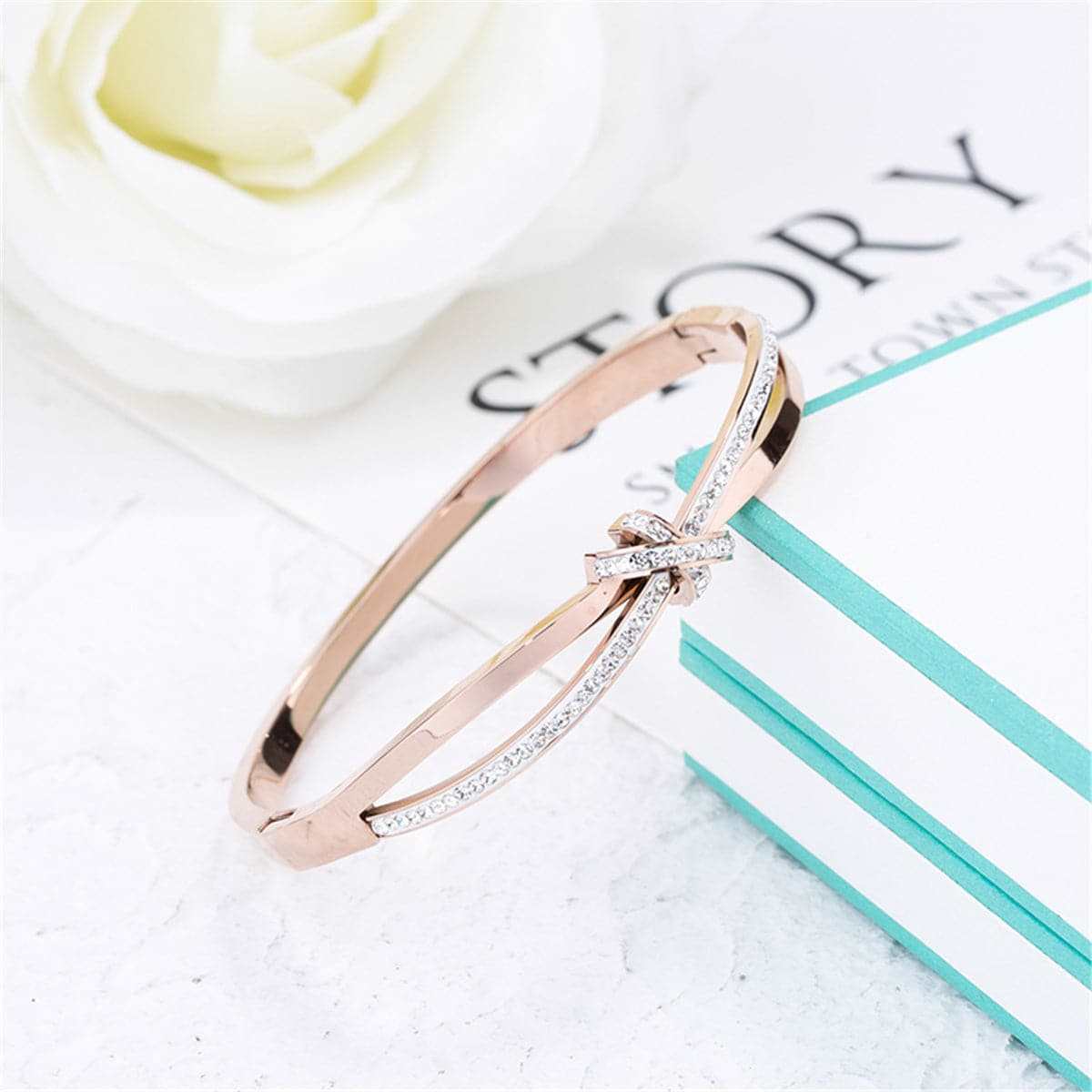Cubic Zirconia & Rose Goldtone Bow Bangle
