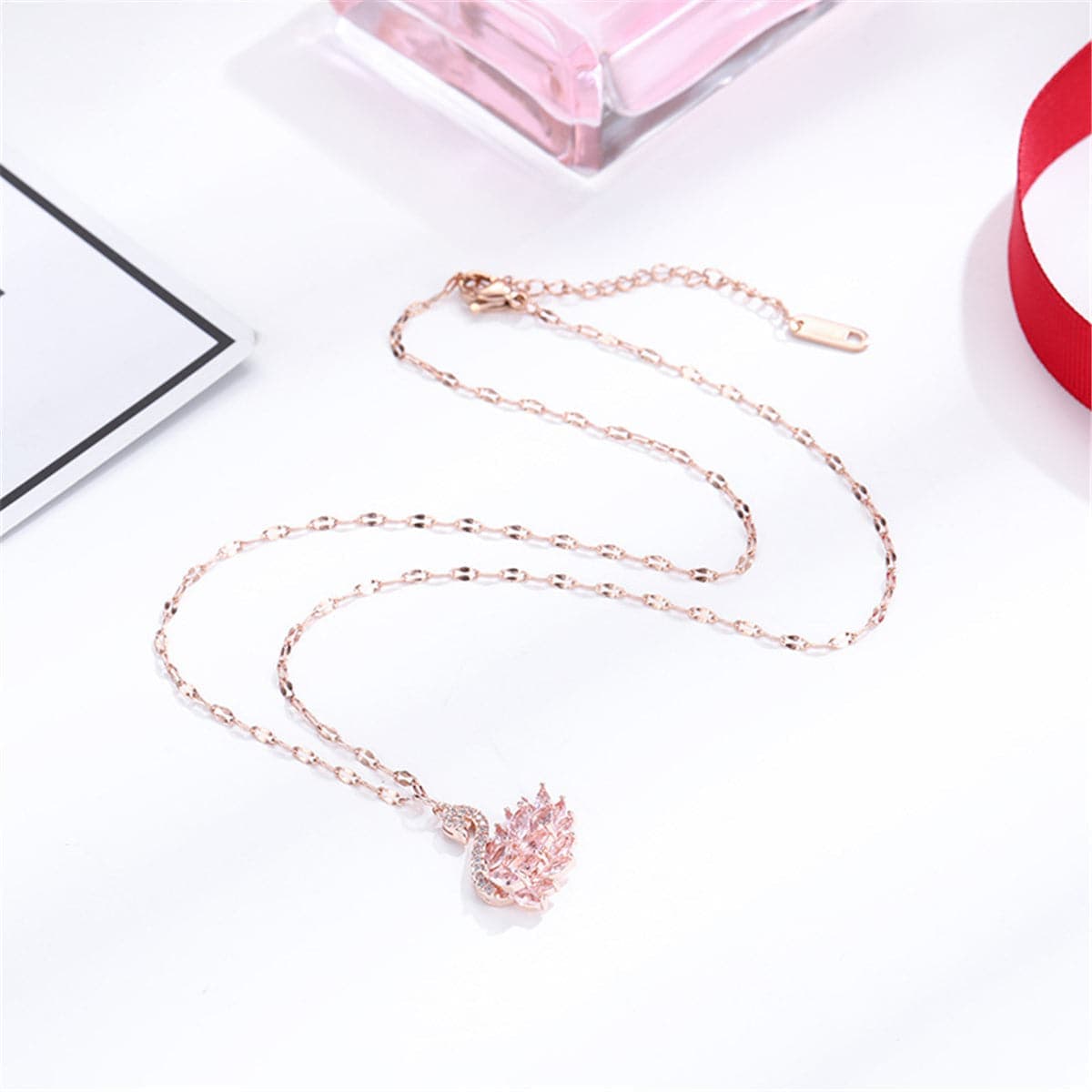 Pink Crystal Rose Goldtone Swan Pendant Necklace