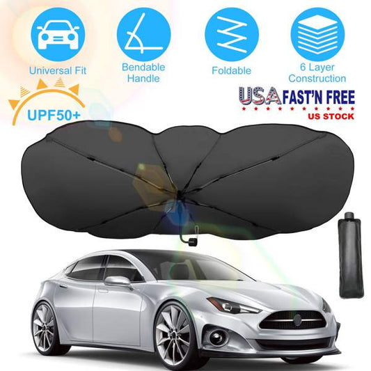 InQ Boutique 57x33In Foldable Car Sun Umbrella Universal Sun Blocker Shield Shade Silver Titanium Sun Protector with Carry Bag for Car Truck SUV - Blue