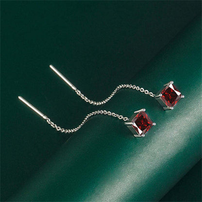Red Crystal & Silvertone Cube Threader Earrings