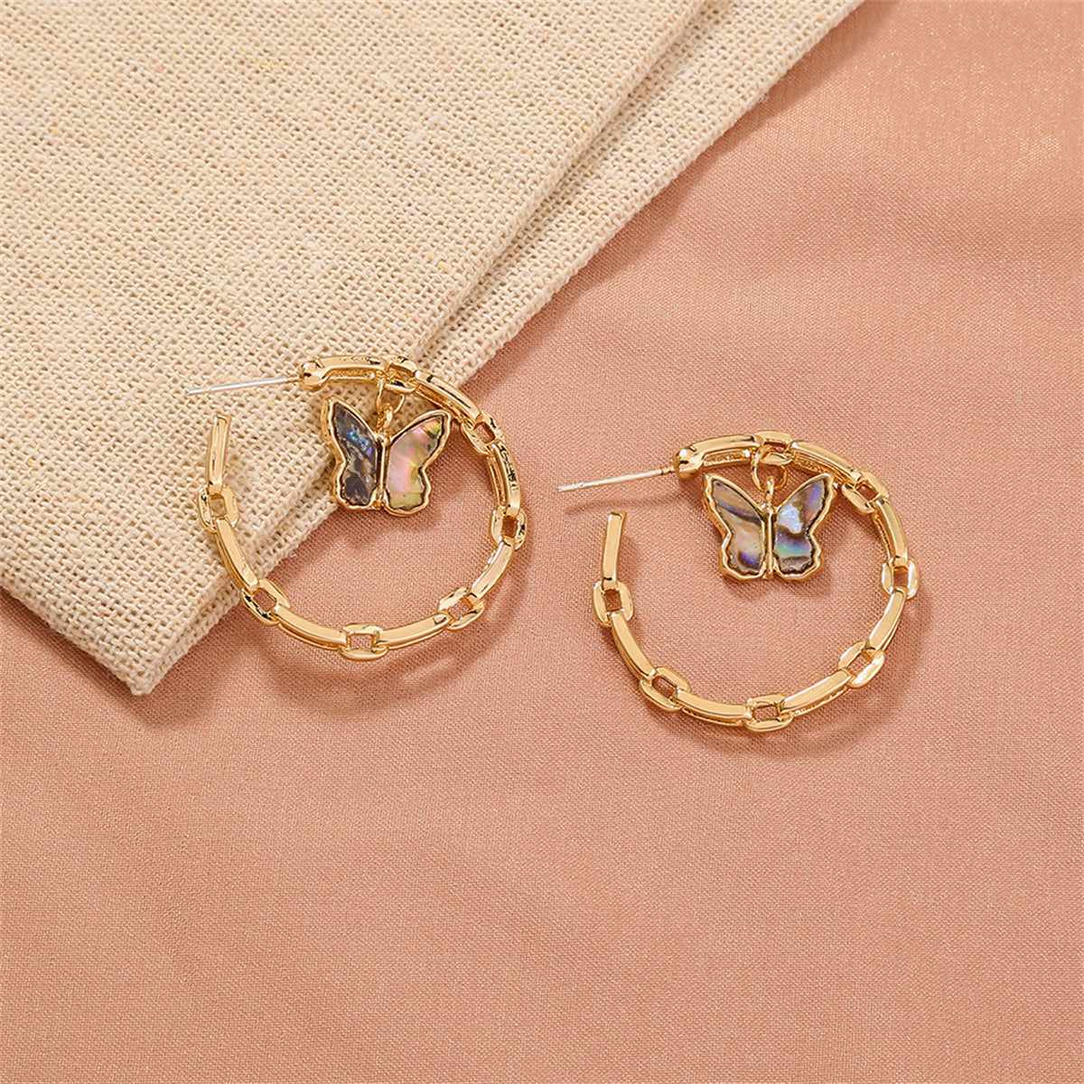 Abalone Shell & Goldtone Butterfly Chain Hoop Earrings