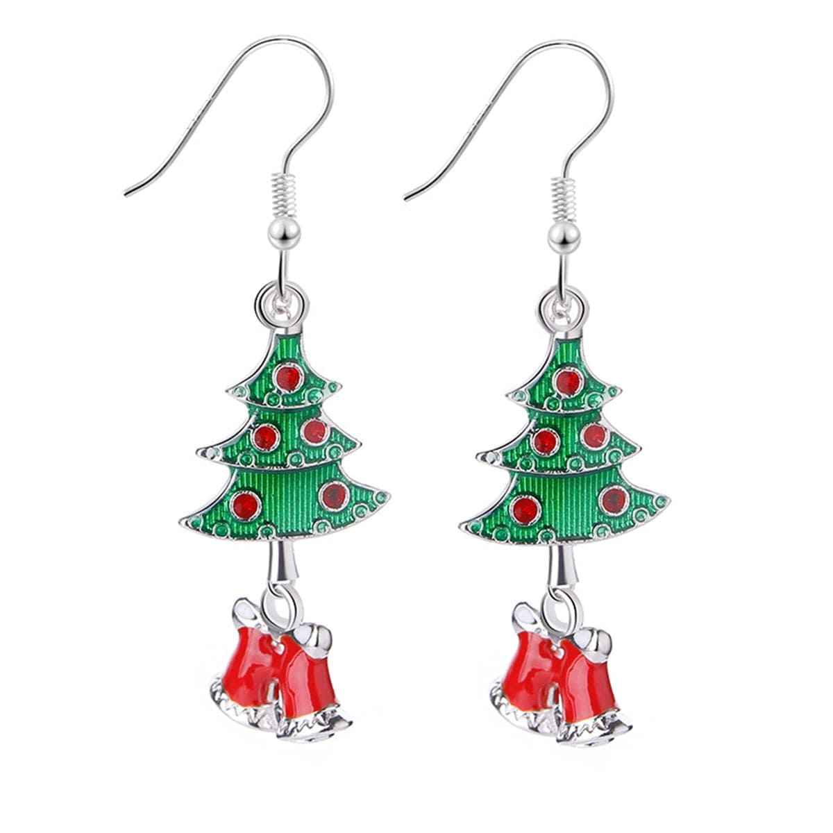 Green & Silvertone Christmas Tree Bell Drop Earrings