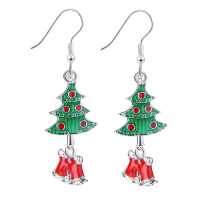 Green & Silvertone Christmas Tree Bell Drop Earrings