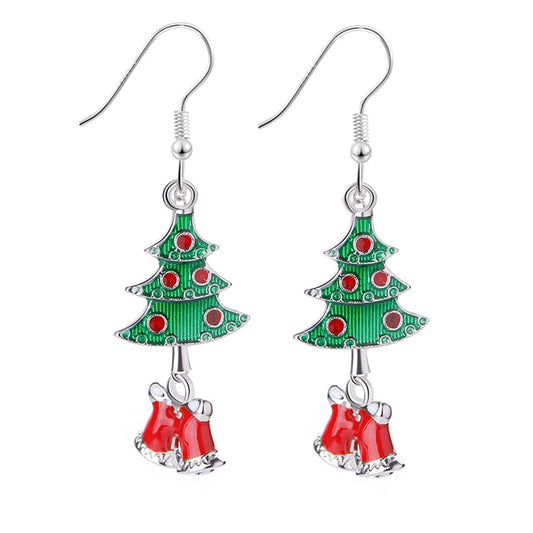 Green & Silvertone Christmas Tree Bell Drop Earrings