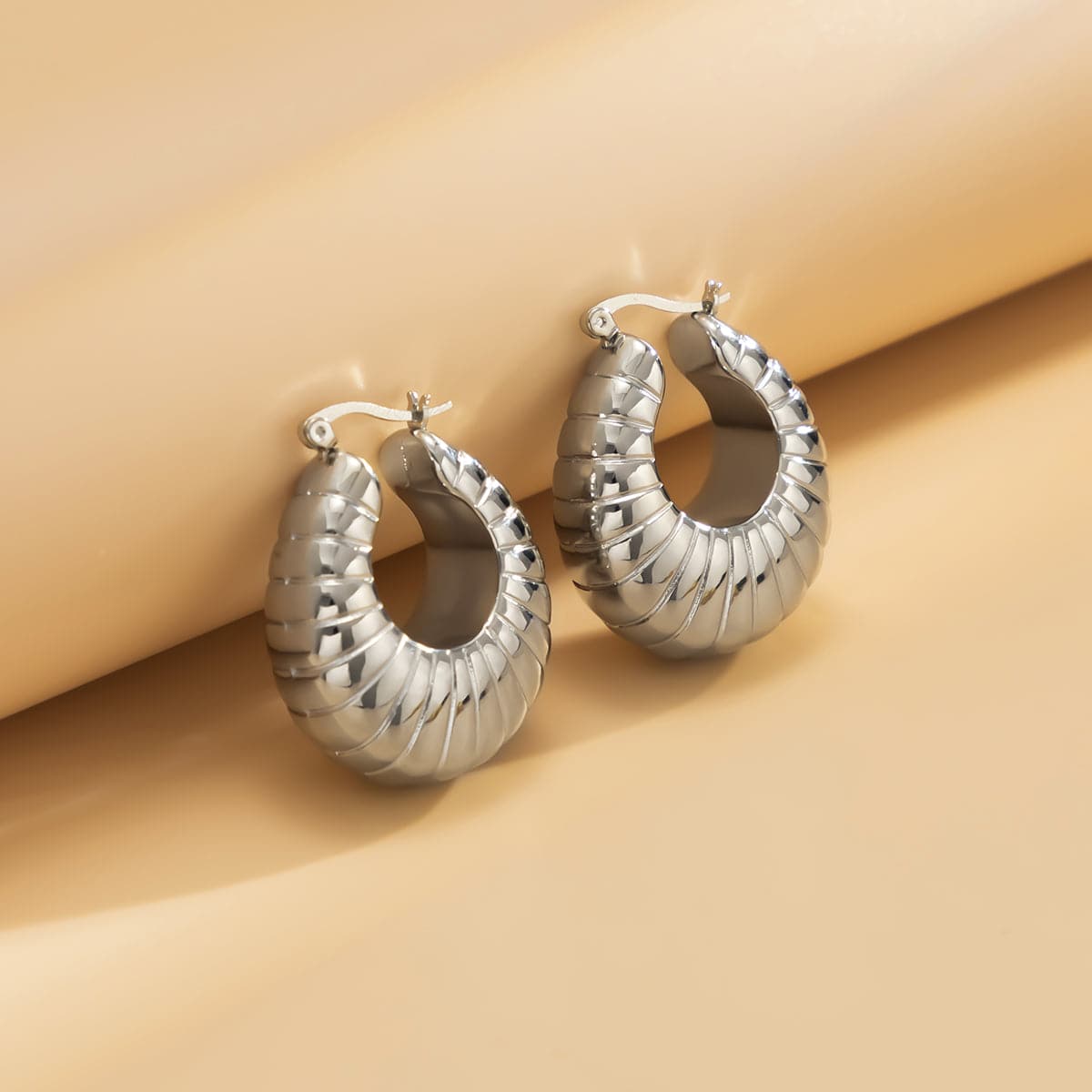 Silvertone Ribbed U-Shape Drop Earrings