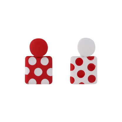 Red Enamel & Silvertone Spot Square Drop Earrings
