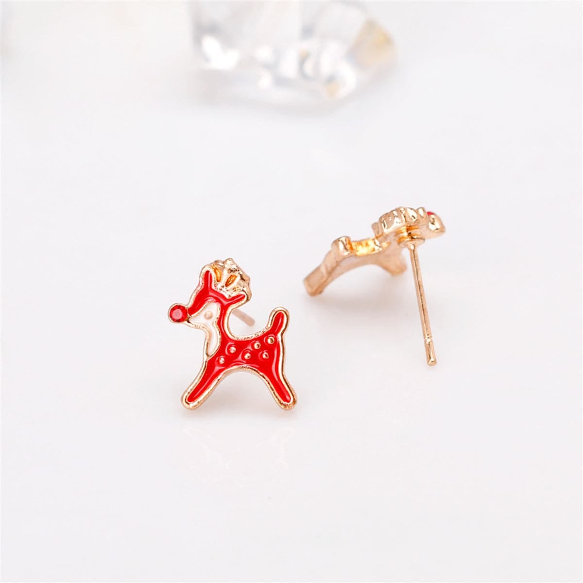 Cubic Zirconia & Enamel Goldtone Red Nose Reindeer Stud Earrings